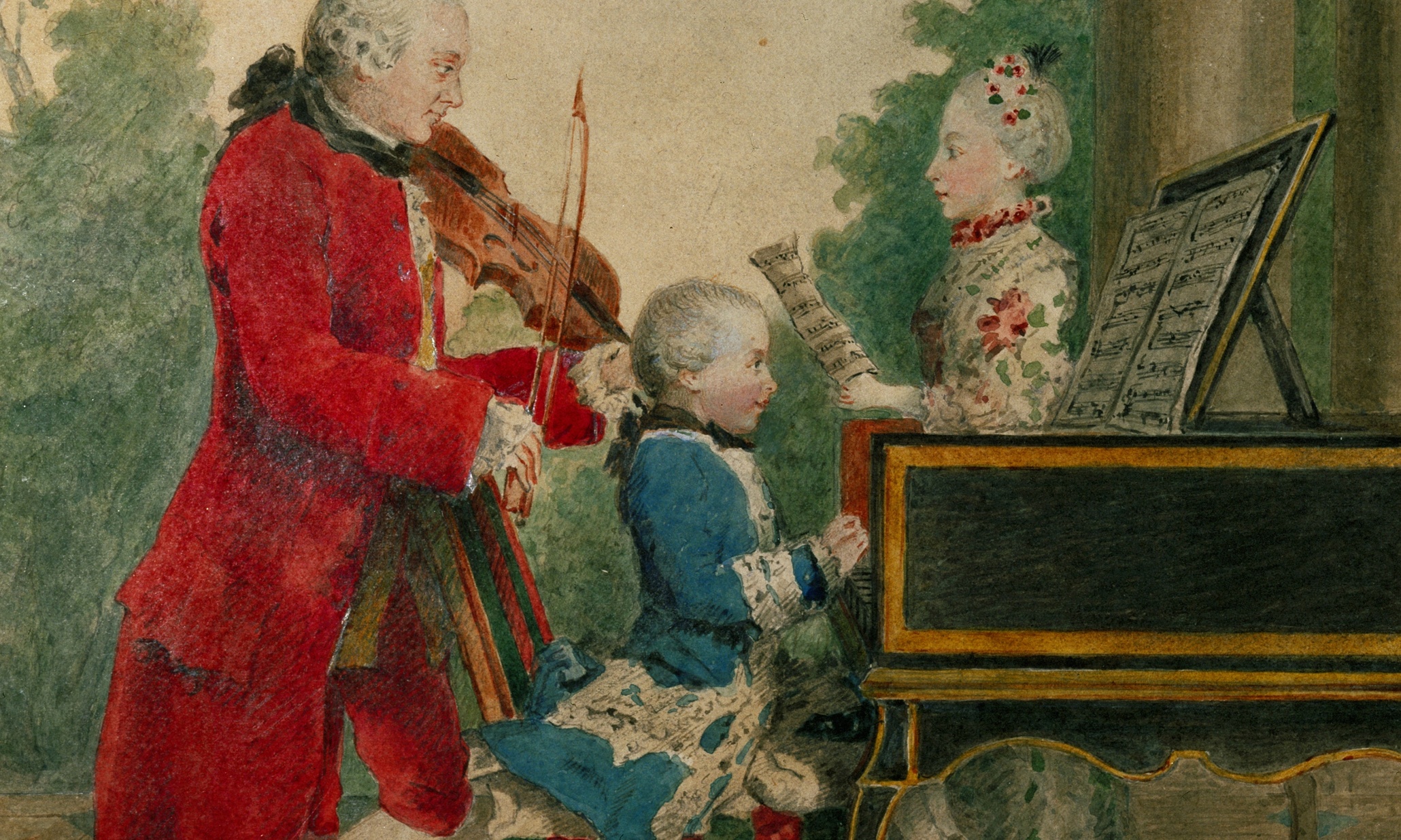 AUSTRIA - JANUARY 01:  Leopold Mozart with Wolfgang Amadeus and Nannerl. Watercolour. 1763.  (Photo by Imagno/Getty Images) [Leopold Mozart beim Musizieren mit Wolfgang Amadeus and Nannerl. Aquarell. 1763.]